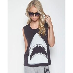 LAUREN MOSHI Kel Shark Muscle Tank Top Women Medium Charcoal Black Heart Teeth